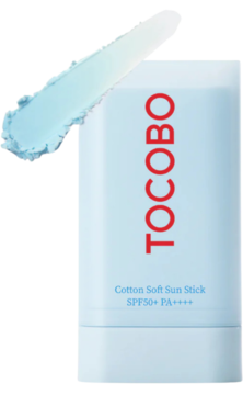 Tocobo Cotton Soft Sun Stick SPF50+ w białym opakowaniu z czerwoną nazwą i niebieską smugą produktu.
