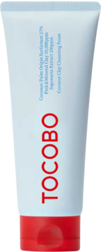 Biała tubka TOCOBO Coconut Clay Cleansing Foam z czerwoną zakrętką i czerwonym napisem, widok z przodu.