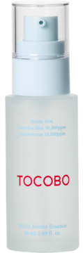 TOCOBO Bifida Biome Essence, matowa szklana butelka z jasnoniebieską pompką, widok z przodu, wyraźne logo.