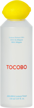 Biała butelka toniku Tocobo AHA BHA Lemon Toner z żółtą zakrętką w kształcie cytryny, widok z przodu.