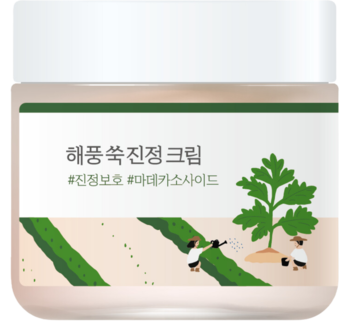 Round Lab Mugwort Calming Cream w beżowym słoiczku z zieloną etykietą i ilustracją bylicy, widok z przodu.