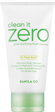 Banila Co Clean It Zero Pore Clarifying Foam Cleanser w białej tubce z zieloną nakrętką, widok z przodu.