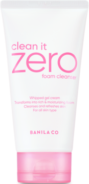 Banila Co Clean It Zero foam cleanser, white tube with pink lettering and cap, shown upright.