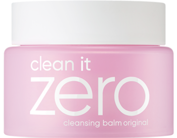 Różowy balsam do demakijażu Clean It Zero Original w okrągłym słoiczku z białą nakrętką, widok z przodu.