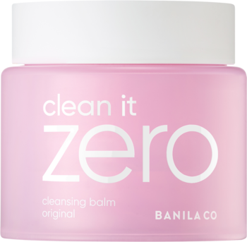 Różowy balsam do demakijażu Clean It Zero Original w kwadratowym słoiczku, widok od frontu, z białym wieczkiem.