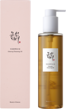 Beauty of Joseon Ginseng Cleansing Oil: różowe pudełko i bursztynowy olejek w butelce z pompką, widok z przodu.