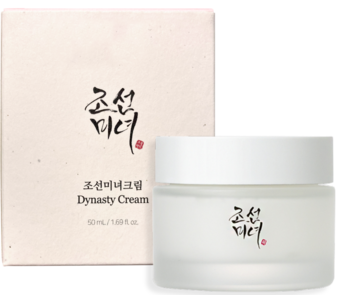 Nawilżający krem Beauty of Joseon Dynasty Cream: kremowy kartonik i szklany słoiczek z białym wieczkiem, widok z przodu.
