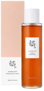 Nawilżająca Beauty of Joseon Ginseng Essence Water w przezroczystej butelce z bursztynowym płynem, obok jasnoróżowe pudełko.