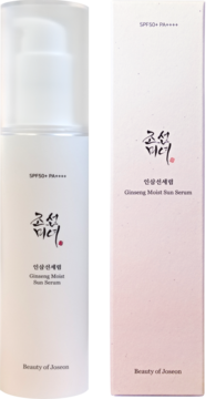 Beauty of Joseon Ginseng Moist Sun Serum SPF 50+ w białej butelce z pompką i obok opakowanie kartonowe.