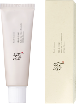 Krem Beauty of Joseon Relief Sun Rice + Probiotics SPF 50+ w białej tubce i beżowym pudełku, widok z przodu.