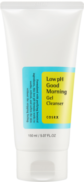 Biała tubka żelu COSRX Low pH Good Morning Gel Cleanser z żółtą i niebieską etykietą, widok z przodu.