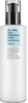 Biała butelka Cosrx Oil-Free Ultra-Moisturizing Lotion z czarną pompką i niebieską etykietą, widok z przodu.
