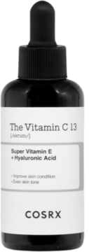 Ciemna butelka serum Cosrx The Vitamin C 13 z zakraplaczem, widok z przodu, etykieta z wit. E i kw. hialuronowym.