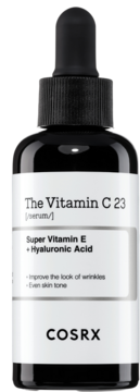 Serum COSRX The Vitamin C 23 w czarnej butelce z białym napisem, z aplikatorem zakraplaczem, widok z przodu.