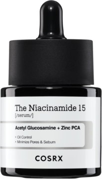 Cosrx The Niacinamide 15 serum w ciemnej butelce z pipetą, widok z przodu, z etykietą Oil Control.