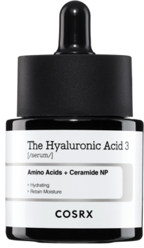 Cosrx The Hyaluronic Acid 3 Serum z kwasem hialuronowym, czarna butelka z zakraplaczem, widok z przodu.