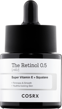 Cosrx The Retinol 0.5 olejek anti-aging, czarna butelka z zakraplaczem, widok z przodu, na szarym tle.