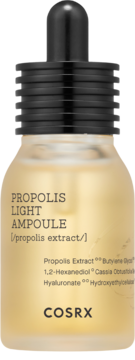 COSRX Propolis Light Ampoule w zmatowionej bursztynowej butelce z czarnym zakraplaczem.