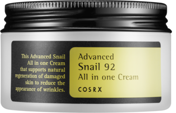 Biały słoik kremu COSRX Advanced Snail 92 All in One z żółtą etykietą. Widok z przodu, nawilża i redukuje zmarszczki.