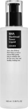 Biała butelka COSRX BHA Blackhead Power Liquid z czarną etykietą i pompką, widok z przodu.
