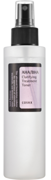 Biała butelka Cosrx AHA/BHA Clarifying Treatment Toner ze sprayem, etykieta o jasnofioletowym tle, widok z przodu.