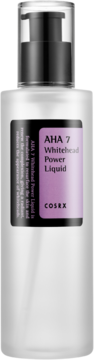 Pompka, matowa butelka Cosrx AHA 7 Whitehead Power Liquid z fioletową etykietą, widok z przodu.