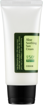 COSRX Aloe Soothing Sun Cream SPF 50+ w białej tubce z zieloną etykietą i czarną zakrętką, widok z przodu.
