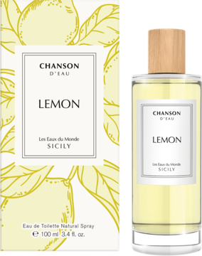 Chanson D'eau Lemon EDT 100ml: żółte pudełko z cytrynami i szklana butelka z drewnianą zakrętką, widok z przodu.