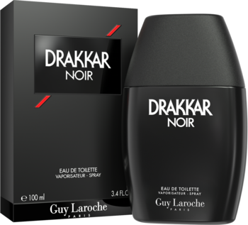 Drakkar Noir Guy Laroche męska woda toaletowa EDT, czarny flakon i pudełko, widok pod kątem.