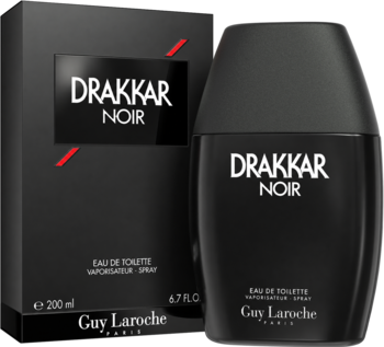 Czarna butelka wody toaletowej Drakkar Noir Guy Laroche 200 ml i czarne pudełko z logo, widok z przodu.