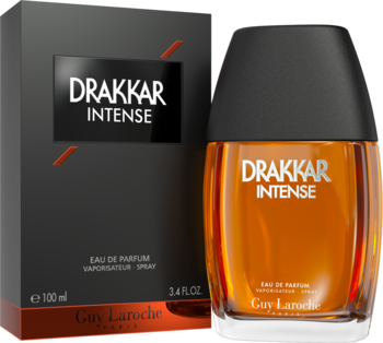 Męska woda perfumowana Drakkar Intense Guy Laroche 100ml, bursztynowa butelka i czarne pudełko, widok z przodu.