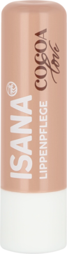 Isana Cocoa Love Lippenpflege w beżowym sztyfcie, białe dno, widok z przodu z czytelnym logo i nazwą.