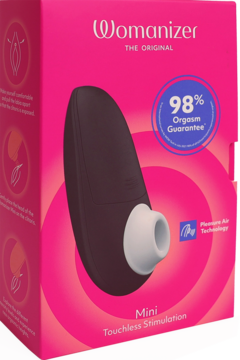 Womanizer Mini 2, czarny stymulator intymny z białą końcówką w różowym opakowaniu z technologią Pleasure Air.