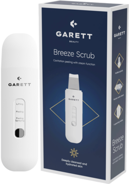 Białe urządzenie do peelingu kawitacyjnego Garett Beauty Breeze Scrub ze szpatułką, obok pudełko, widok z przodu.