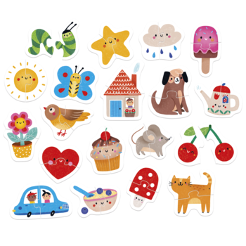 Rozsypane, kolorowe dwuelementowe puzzle Czuczu dla maluchów: wesołe ilustracje zwierząt, owoców i domu.