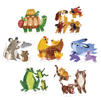 Czuczu puzzle "Maluchy": 7 kolorowych układanek przedstawiających rodziny zwierząt, m.in. psy, koty, żaby, króliki.