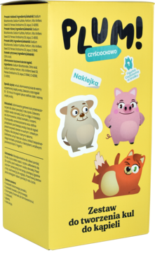 Żółty zestaw Plum! Czyściochowo do kul kąpielowych dla dzieci, z ilustracjami psa, świnki i kota, widok z przodu.