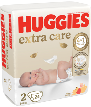 Beżowe opakowanie pieluch Huggies Extra Care rozmiar 2 (3-6kg) z niemowlakiem, Puchatkiem i napisem Huggies.