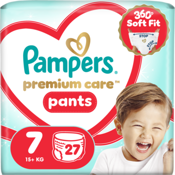 Pieluchomajtki Pampers Premium Care, rozm. 7 (15+kg), 27 sztuk, z 360° Soft Fit i Stop & Protect.