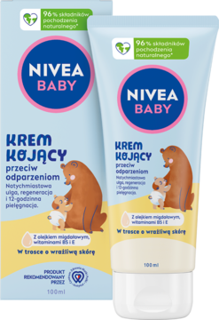 Nivea Baby Krem Kojący przeciw odparzeniom, biała tuba i kartonik z misiami, widok z przodu.