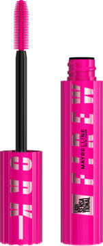 Różowy tusz Maybelline Lash Sensational Firework, otwarta tubka i różowa silikonowa szczoteczka obok.