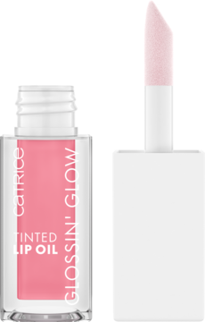 Catrice Glossin' Glow Tinted Lip Oil 010 Keep It Juicy, otwarta butelka z różowym olejkiem i aplikatorem.
