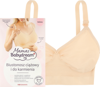 Beżowy, bezszwowy biustonosz laktacyjny XXL obok opakowania Mamas Babydream z kobietą. Brak fiszbin.