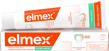 Pasta do zębów Elmex Caries Protection Extra Fresh, biała tuba na pudełku z czerwonym logo, ochrona przed próchnicą.