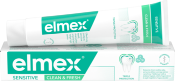 Elmex Sensitive Clean & Fresh pasta do zębów, biała tubka leży na zielono-białym pudełku, widok z przodu.