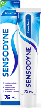Sensodyne Extra Fresh pasta do zębów 75ml na nadwrażliwe zęby. Biała tubka i kartonik, widok z przodu.