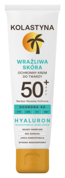 Kolastyna Ochronny Krem do Twarzy SPF 50+ dla skóry wrażliwej w białej tubce z palmą, widok z przodu.