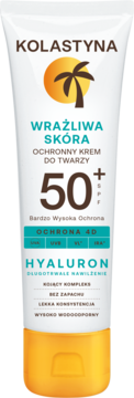 Krem ochronny Kolastyna SPF 50+ do skóry wrażliwej w białej tubce z pomarańczową nakrętką, widok z przodu.
