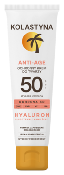 Krem Kolastyna Anti-Age SPF 50 Hyaluron w białej tubce z pomarańczowymi elementami, widok z przodu.