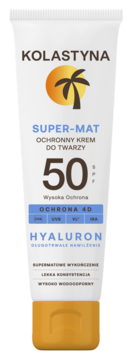 Kolastyna Super-Mat, matujący krem do twarzy SPF 50 z kwasem hialuronowym w białej tubie, widok przodem.